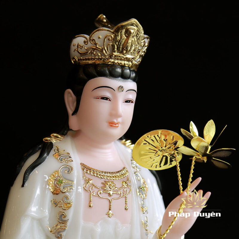 Bộ Tây Phương Tam Thánh Ngồi Đế Mây Bằng Bột Đá Sơn Trắng Viền Hoa, Cao 30cm - Ảnh 14