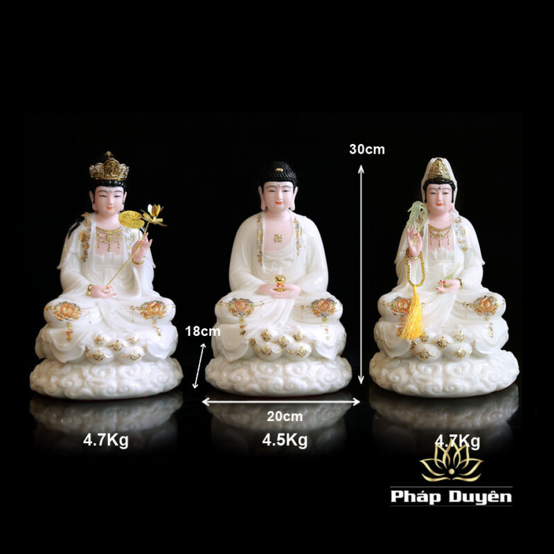 Bộ Tây Phương Tam Thánh Ngồi Đế Mây Bằng Bột Đá Sơn Trắng Viền Hoa, Cao 30cm - Ảnh 17