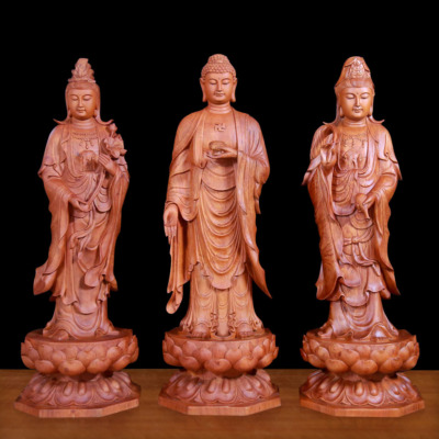 Bộ Tượng Tây Phương Tam Thánh Đứng Đài Sen Bằng Gỗ Hương, Cao 96cm