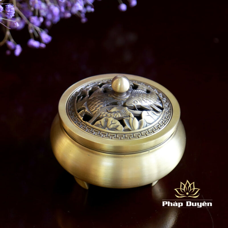 Lư Xông Đồng Nắp Họa Tiết (Thân Trơn), Kích Thước 8cm x 9.5cm - Ảnh 2