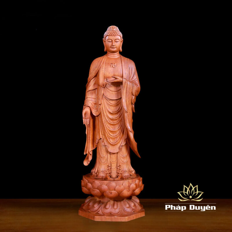 Bộ Tượng Tây Phương Tam Thánh Đứng Đài Sen Bằng Gỗ Hương, Cao 96cm - Ảnh 2