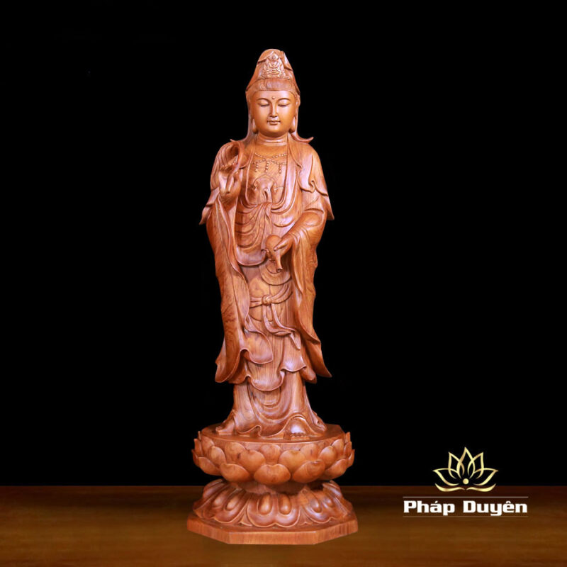 Bộ Tượng Tây Phương Tam Thánh Đứng Đài Sen Bằng Gỗ Hương, Cao 96cm - Ảnh 7