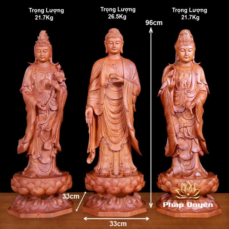 Bộ Tượng Tây Phương Tam Thánh Đứng Đài Sen Bằng Gỗ Hương, Cao 96cm - Ảnh 17
