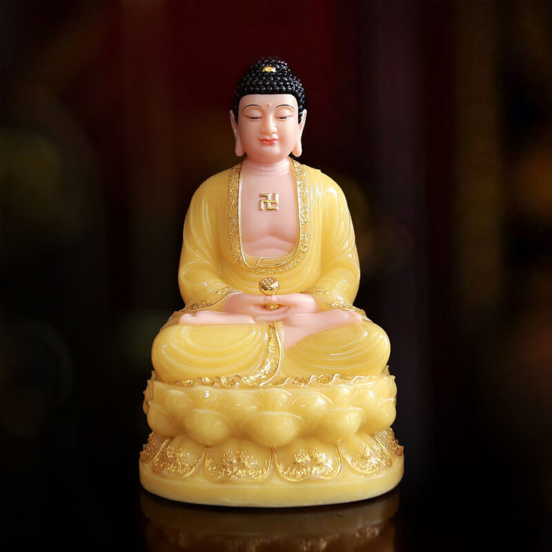 Tượng A Di Đà Ngồi, Bằng Bột Đá Thạch Anh Viền Vàng, Cao 40cm