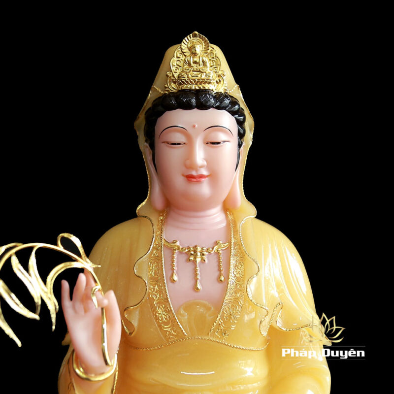 Tượng Quan Âm Bồ Tát Ngồi Đài Sen Bằng Bột Đá Thạch Anh Viền Vàng, Cao 48cm - Ảnh 2