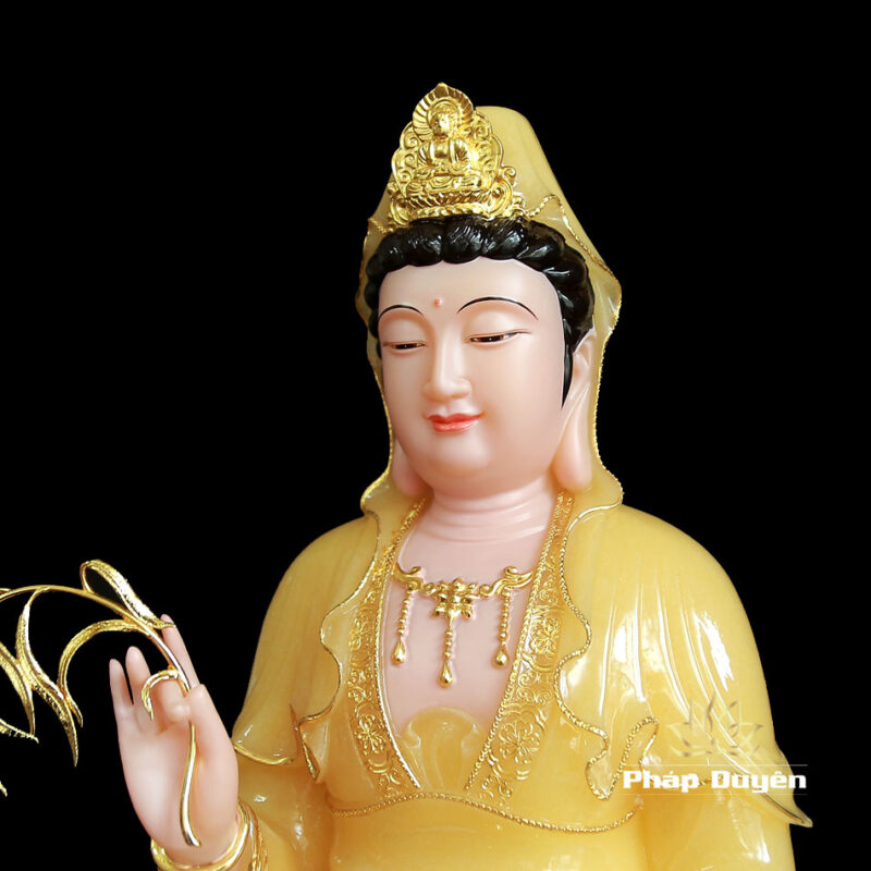 Tượng Quan Âm Bồ Tát Ngồi Đài Sen Bằng Bột Đá Thạch Anh Viền Vàng, Cao 48cm - Ảnh 3