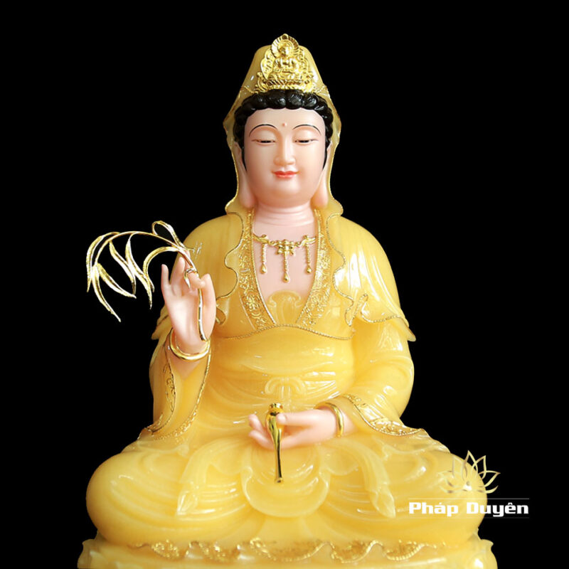Tượng Quan Âm Bồ Tát Ngồi Đài Sen Bằng Bột Đá Thạch Anh Viền Vàng, Cao 48cm - Ảnh 4
