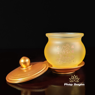 Alternative view of Chén Lưu Ly Chữ Phật Chìm Đế Đồng Vàng, Sen Hồng Chữ Phật