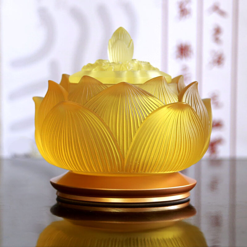 Lư Trầm Bảo Liên Bằng Lưu Ly Màu Vàng, Kích Thước 5inch, 6icnh