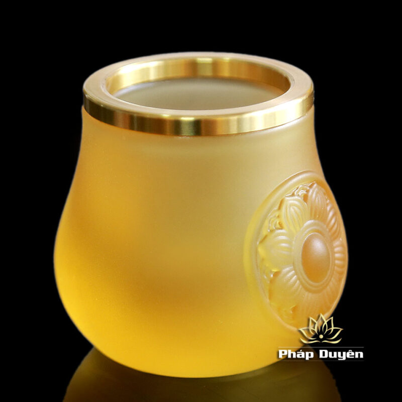 Chén Nước Lưu Ly In Hoa Sen (Bảo Tướng) Đế Đồng Vàng - Ảnh 2