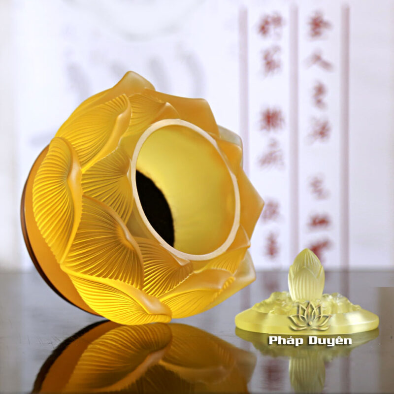 Lư Trầm Bảo Liên Bằng Lưu Ly Màu Vàng, Kích Thước 5inch, 6icnh - Ảnh 2