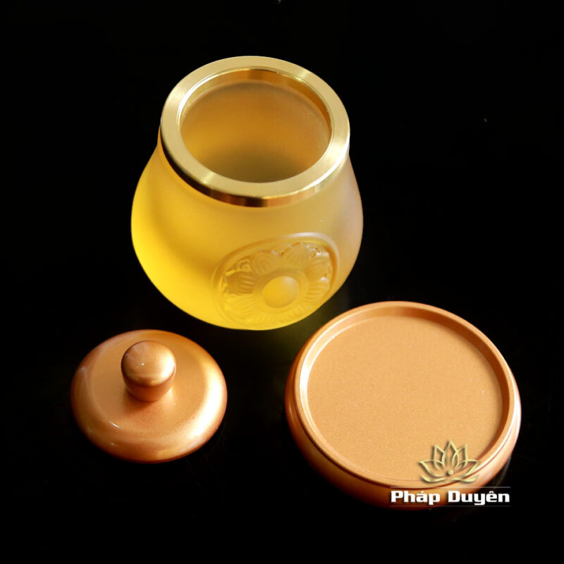Chén Nước Lưu Ly In Hoa Sen (Bảo Tướng) Đế Đồng Vàng - Ảnh 4