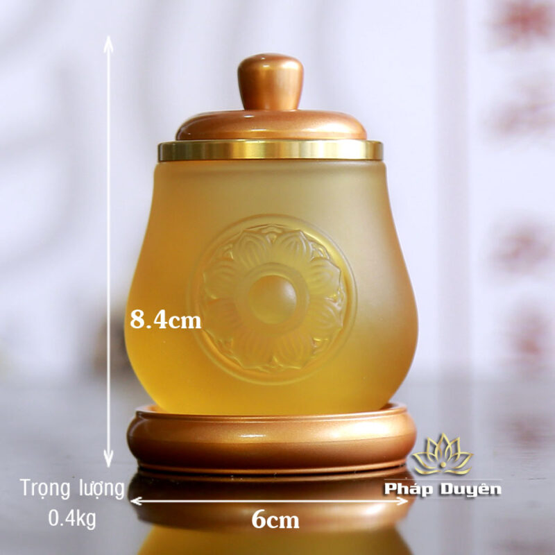 Chén Nước Lưu Ly In Hoa Sen (Bảo Tướng) Đế Đồng Vàng - Ảnh 5