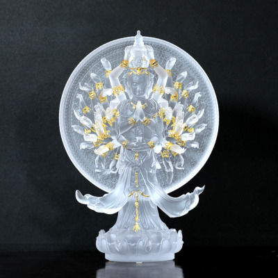 Tượng Thiên Thủ Thiên Nhãn (Nghìn Tay Nghìn Mắt) Điểm Vàng, Bằng Đá Lưu Ly Trắng, Cao 30cm