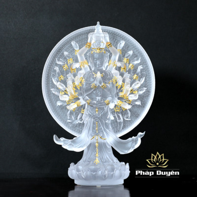 Alternative view of Tượng Thiên Thủ Thiên Nhãn (Nghìn Tay Nghìn Mắt) Điểm Vàng, Bằng Đá Lưu Ly Trắng, Cao 30cm