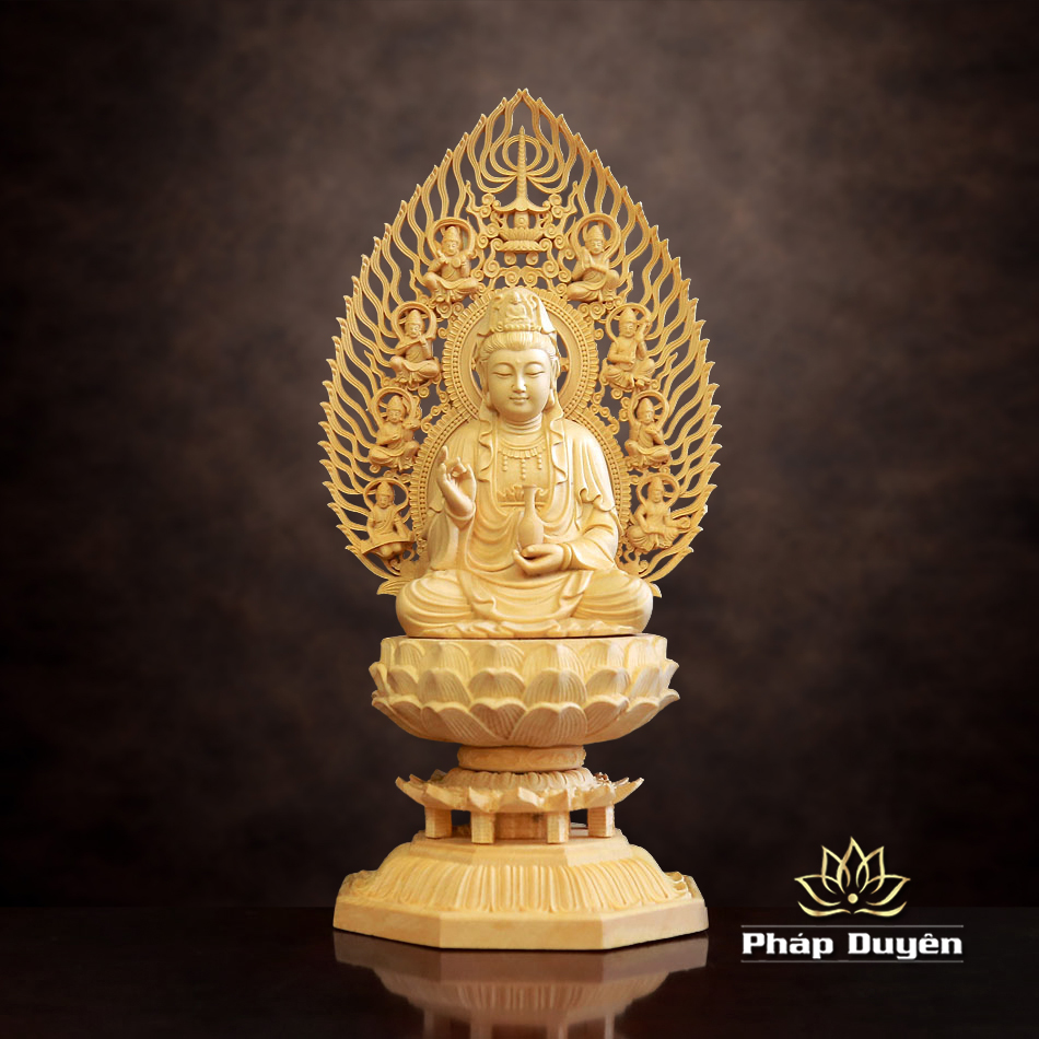 Tượng Đức Quán Thế Âm Bằng Gỗ Bách, Cao 28cm (Cả Lá Đề) - ảnh 5