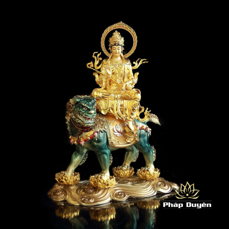 Tượng Văn Thù Phổ Hiền Ngồi Linh Thú Bằng Đồng Dát Vàng, Nhiều Kích Thước - Ảnh 7