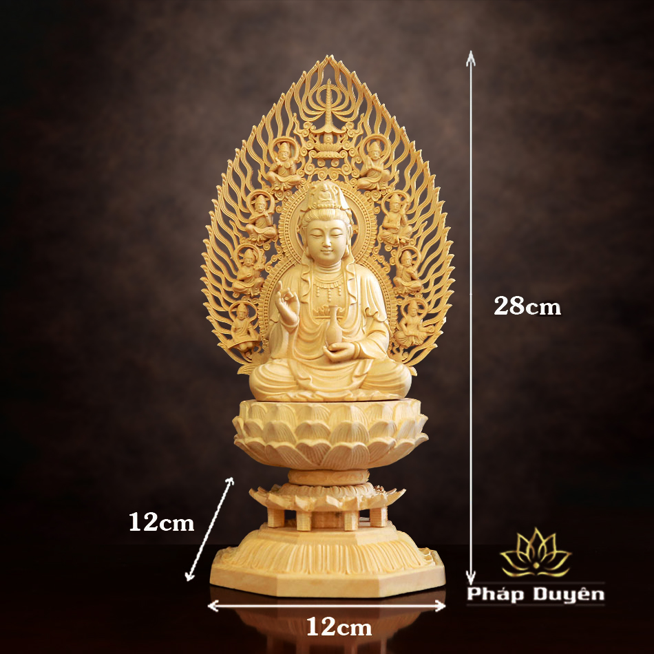 Tượng Đức Quán Thế Âm Bằng Gỗ Bách, Cao 28cm (Cả Lá Đề) - ảnh 10