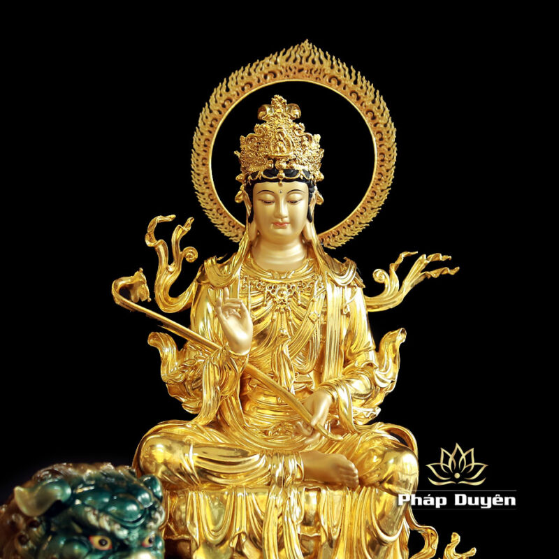 Tượng Văn Thù Phổ Hiền Ngồi Linh Thú Bằng Đồng Dát Vàng, Nhiều Kích Thước - Ảnh 8