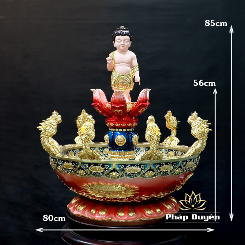 Chậu Tắm Phật Cửu Long Kèm Tượng Đản Sanh, Bằng Composite Dát Vàng Màu Đỏ, Nhiều Kích Thước - Ảnh 11