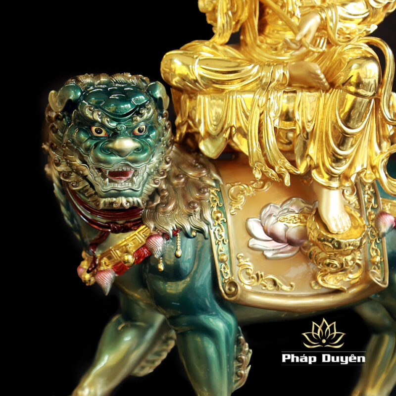 Tượng Văn Thù Phổ Hiền Ngồi Linh Thú Bằng Đồng Dát Vàng, Nhiều Kích Thước - Ảnh 11