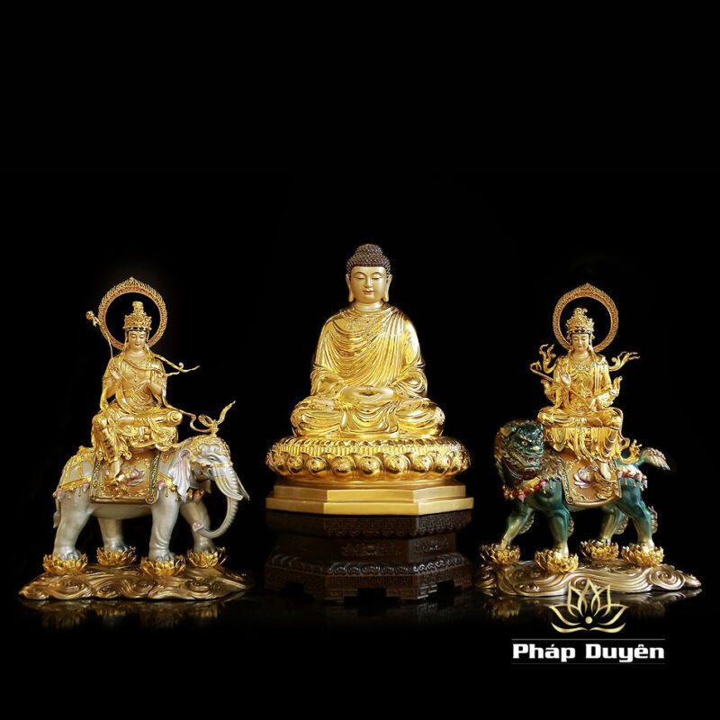 Tượng Văn Thù Phổ Hiền Ngồi Linh Thú Bằng Đồng Dát Vàng, Nhiều Kích Thước - Ảnh 12