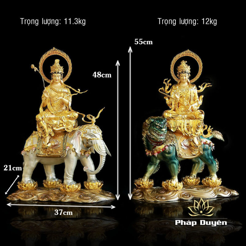 Tượng Văn Thù Phổ Hiền Ngồi Linh Thú Bằng Đồng Dát Vàng, Nhiều Kích Thước - Ảnh 13