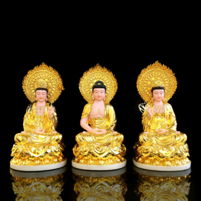 Bộ Tượng Tây Phương Tam Thánh Ngồi Đài Sen Bằng Bột Đá Dát Vàng Có Hào Quang, Cao 48cm (Tổng Lá Đề 60cm)