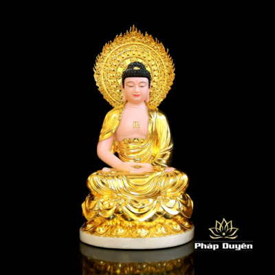 Alternative view of Bộ Tượng Tây Phương Tam Thánh Ngồi Đài Sen Bằng Bột Đá Dát Vàng Có Hào Quang, Cao 48cm (Tổng Lá Đề 60cm)