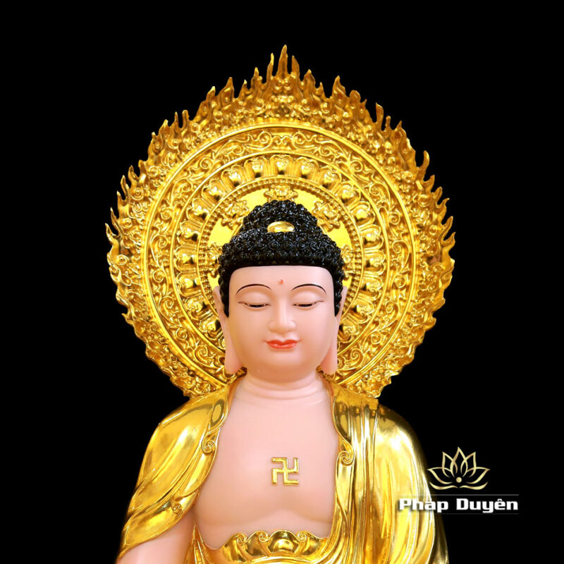 Bộ Tượng Tây Phương Tam Thánh Ngồi Đài Sen Bằng Bột Đá Dát Vàng Có Hào Quang, Cao 48cm (Tổng Lá Đề 60cm) - Ảnh 3