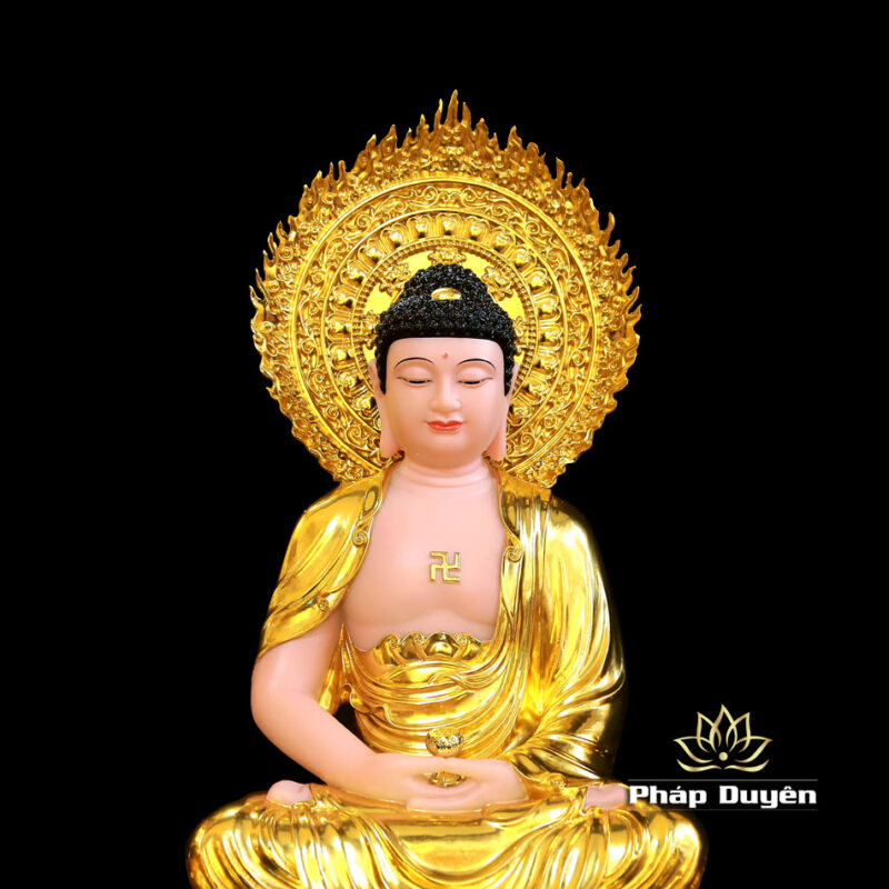 Bộ Tượng Tây Phương Tam Thánh Ngồi Đài Sen Bằng Bột Đá Dát Vàng Có Hào Quang, Cao 48cm (Tổng Lá Đề 60cm) - Ảnh 5