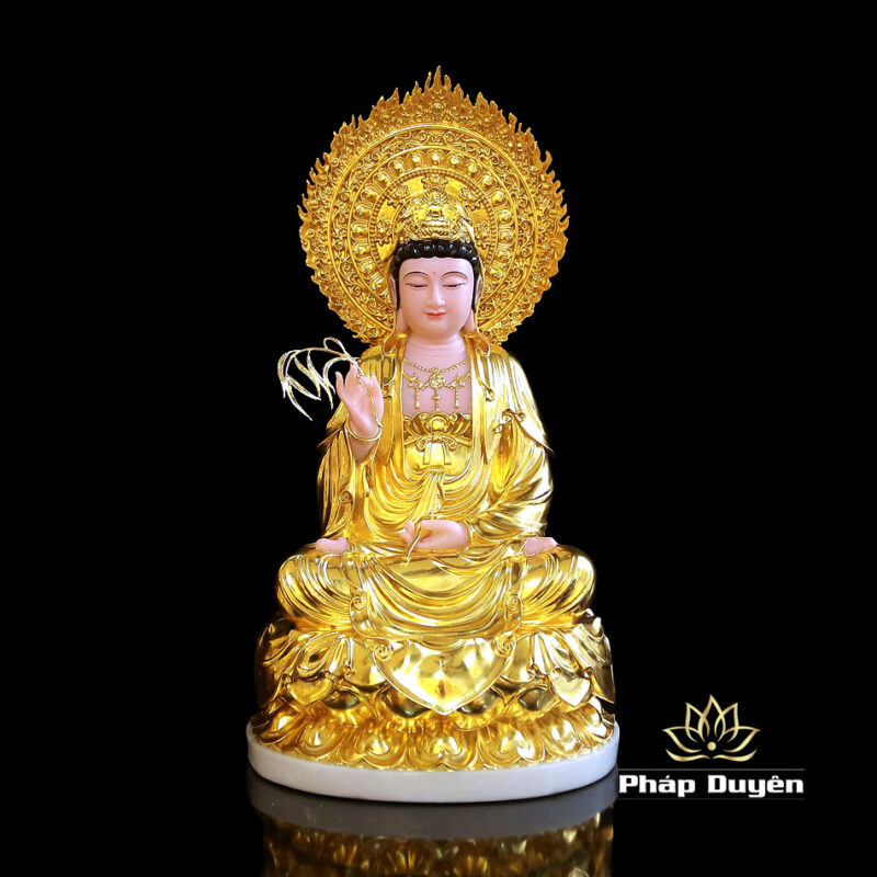 Bộ Tượng Tây Phương Tam Thánh Ngồi Đài Sen Bằng Bột Đá Dát Vàng Có Hào Quang, Cao 48cm (Tổng Lá Đề 60cm) - Ảnh 7