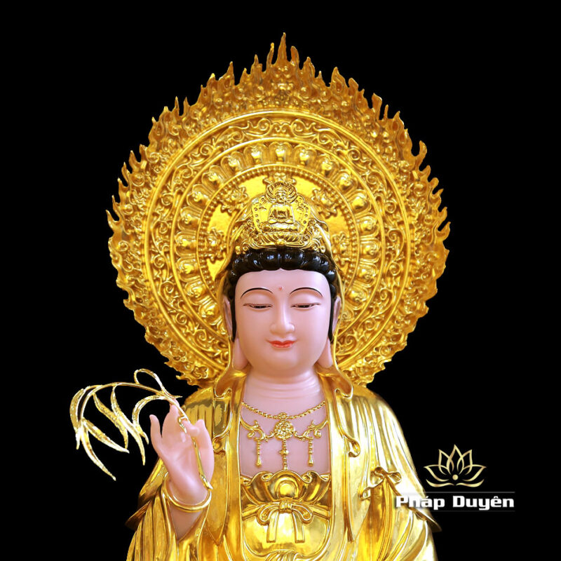 Bộ Tượng Tây Phương Tam Thánh Ngồi Đài Sen Bằng Bột Đá Dát Vàng Có Hào Quang, Cao 48cm (Tổng Lá Đề 60cm) - Ảnh 8