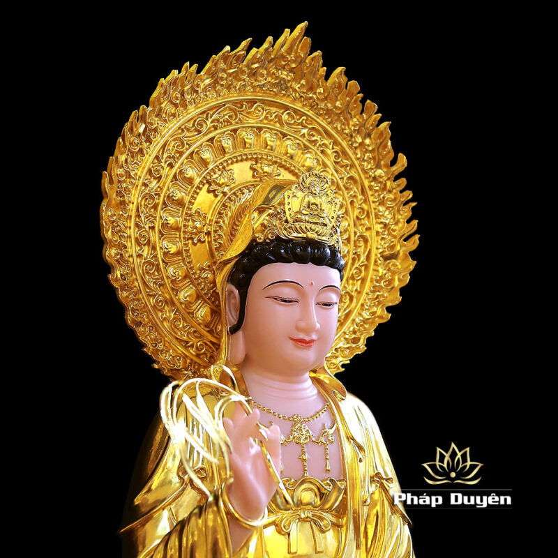 Bộ Tượng Tây Phương Tam Thánh Ngồi Đài Sen Bằng Bột Đá Dát Vàng Có Hào Quang, Cao 48cm (Tổng Lá Đề 60cm) - Ảnh 9