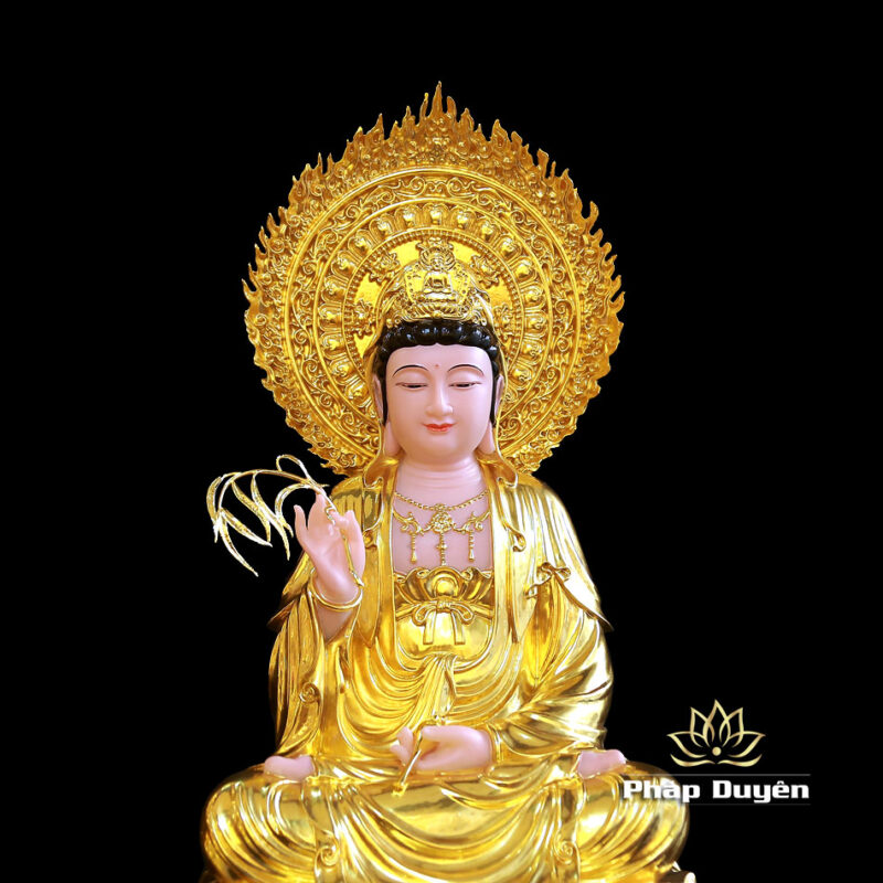 Bộ Tượng Tây Phương Tam Thánh Ngồi Đài Sen Bằng Bột Đá Dát Vàng Có Hào Quang, Cao 48cm (Tổng Lá Đề 60cm) - Ảnh 10