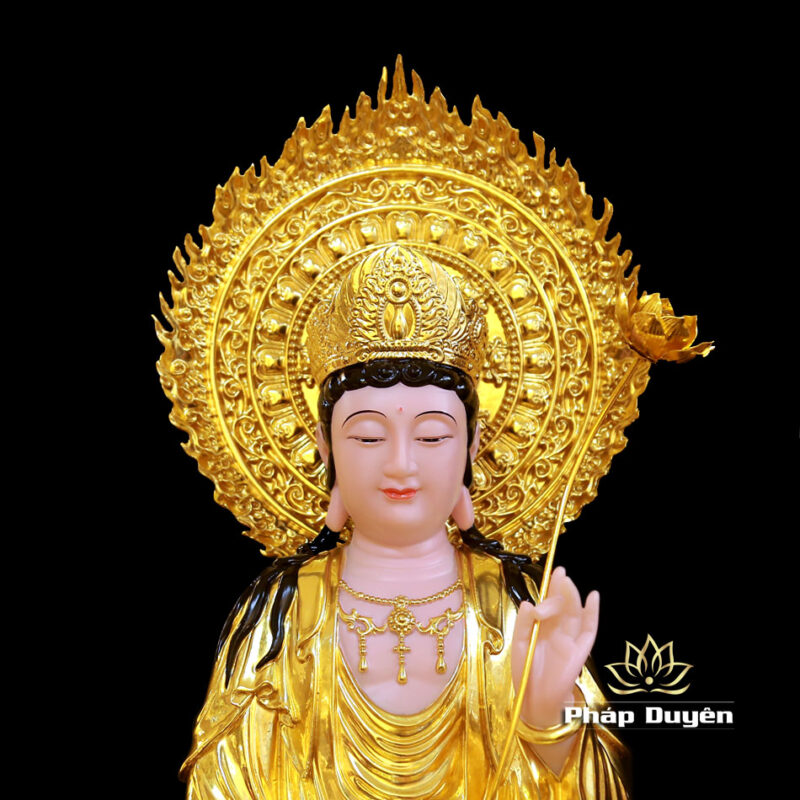 Bộ Tượng Tây Phương Tam Thánh Ngồi Đài Sen Bằng Bột Đá Dát Vàng Có Hào Quang, Cao 48cm (Tổng Lá Đề 60cm) - Ảnh 13