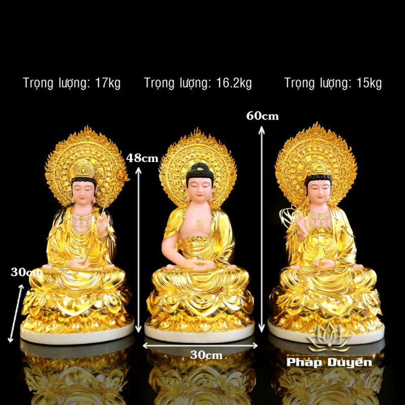Bộ Tượng Tây Phương Tam Thánh Ngồi Đài Sen Bằng Bột Đá Dát Vàng Có Hào Quang, Cao 48cm (Tổng Lá Đề 60cm) - Ảnh 17