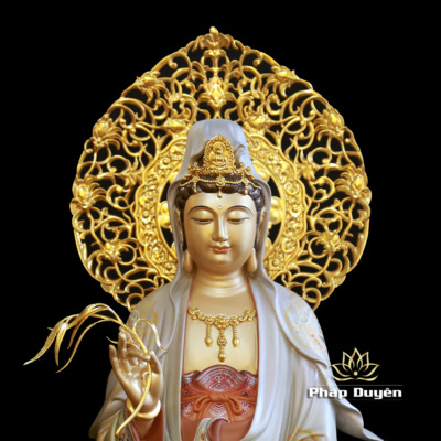 Alternative view of Tượng Quan Âm Đứng, Chất Liệu Đồng, Sơn Vẽ Gấm, Cao 66cm (Tổng Lá Đề 78cm)