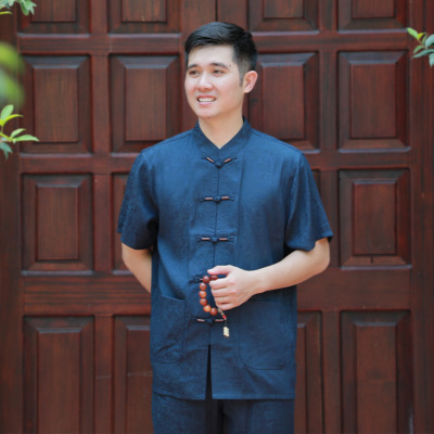 Bộ Quần Áo Nam Ngắn Tay Vải Lụa Băng, Màu Xanh, Size 39, 40, 41, 42