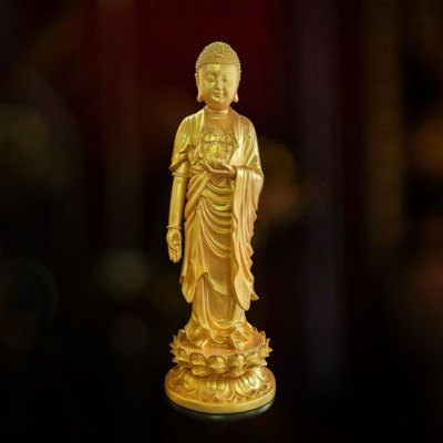 Tượng Phật A Di Đà Đứng Đài Sen Bằng Composite Sơn Nhũ Vàng, Cao 1.2m