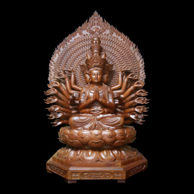 Tượng Quan Âm Thiên Thủ Thiên Nhãn Ngồi Đài Sen, Đế Bát Giác Bằng Gỗ Hương, Cao 1.2m (Tổng Lá Đề 1.5m)