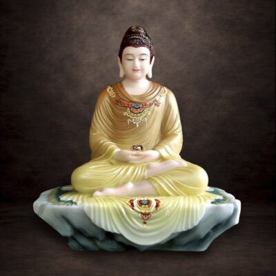 Tượng Bổn Sư Thích Ca Ngồi Tĩnh Tâm Trên Bệ Đá Mầu Vàng Nâu Vẽ Gấm Bằng Bột Đá, Cao 48-88cm