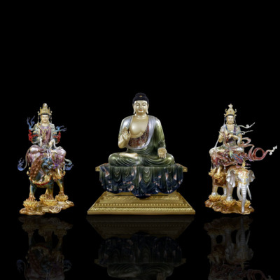 Bộ Tượng Hoa Nghiêm Tam Thánh Bằng Đồng Sơn Men Cổ Cao Cấp, Cao 90cm