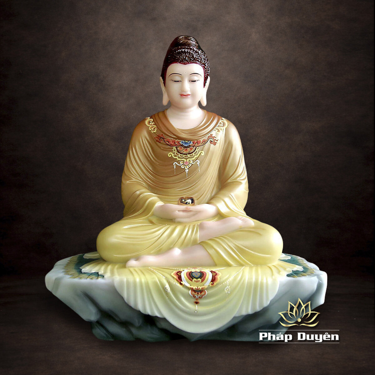 Tượng Bổn Sư Thích Ca Ngồi Tĩnh Tâm Trên Bệ Đá Mầu Vàng Nâu Vẽ Gấm Bằng Bột Đá, Cao 48-88cm - ảnh 9