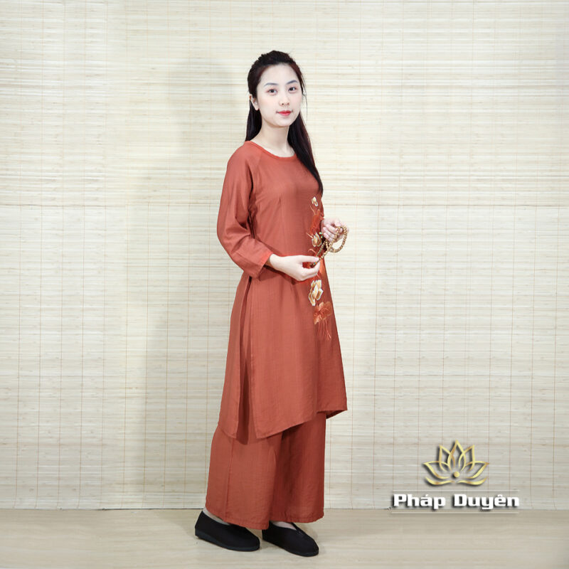 Áo Dài Cách Tân Đi Chùa Hoa Sen Màu Nâu, Size S, M,  L - Ảnh 2