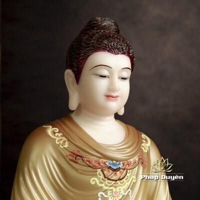 Alternative view of Tượng Bổn Sư Thích Ca Ngồi Tĩnh Tâm Trên Bệ Đá Mầu Vàng Nâu Vẽ Gấm Bằng Bột Đá, Cao 48-88cm