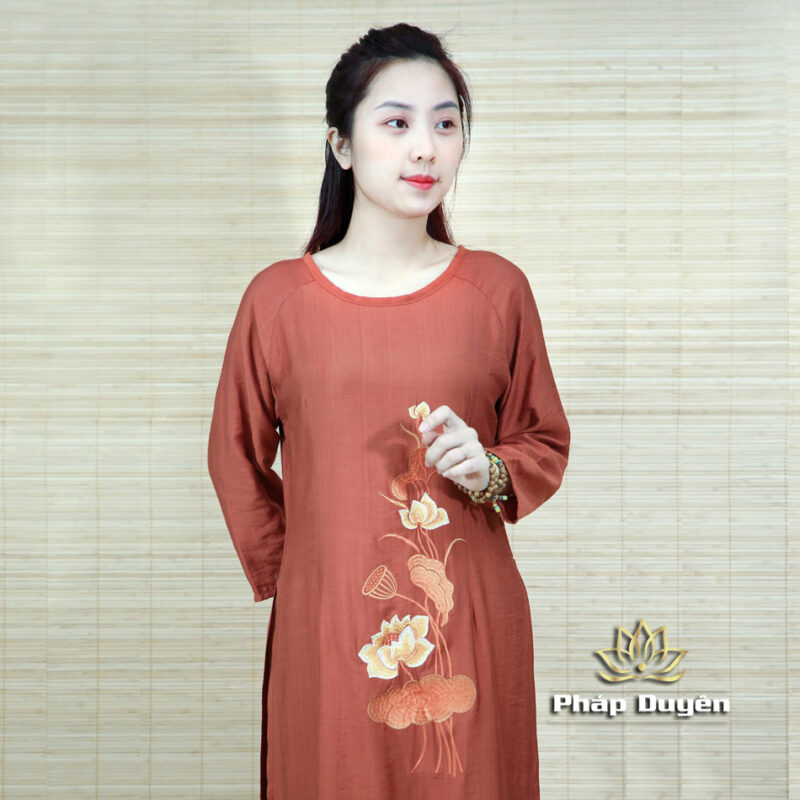 Áo Dài Cách Tân Đi Chùa Hoa Sen Màu Nâu, Size S, M,  L - Ảnh 4