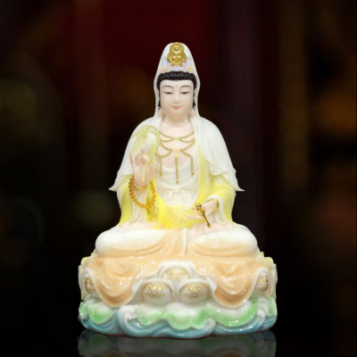 Tượng Quan Âm Bồ Tát Ngồi Non Nước, Chất Liệu Bột Đá Màu Ngọc Cẩm Thạch Viền Vàng, Cao 48cm