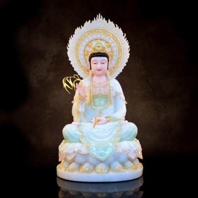 Tượng Quan Âm Ngồi Đài Sen, Chất Liệu Bột Đá Màu Thiên Thanh, Nhiều Kích Thước