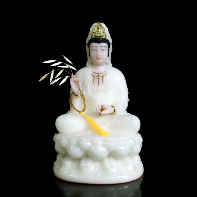 Tượng Ngài Quan Thế Âm Ngồi Đài Sen Bằng Bột Đá Trắng, Cao 30cm